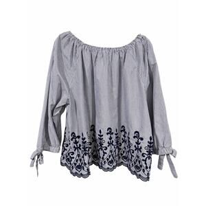 Blue Sapphire Stripe Embroidered Medium Off Shoulder Boho Coastal Y2K Peasant